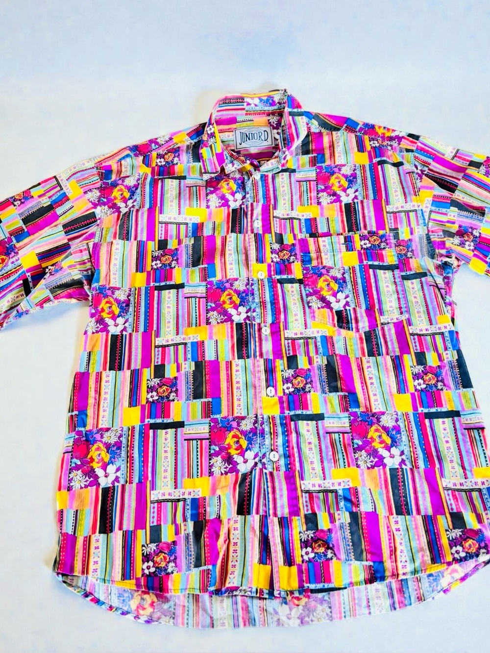 Vintage Patchwork Stripe Shirt Neon 90s Festival Button Up